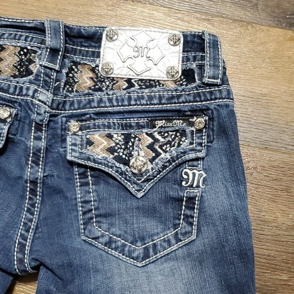 Miss Me Mid Rise Boot Cut Distressed Pocket Flap Embellished Jeans - Picture 8 of 10